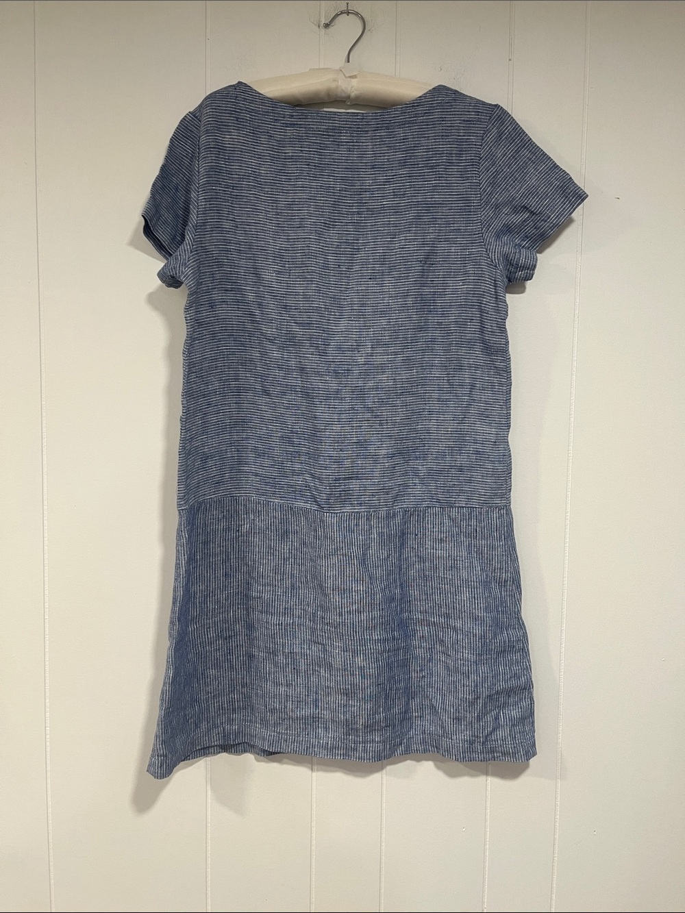 Garnet Hill 100% Linen Microstripe Drop Waist Shift Dress Blue White M - Picture 3 of 10